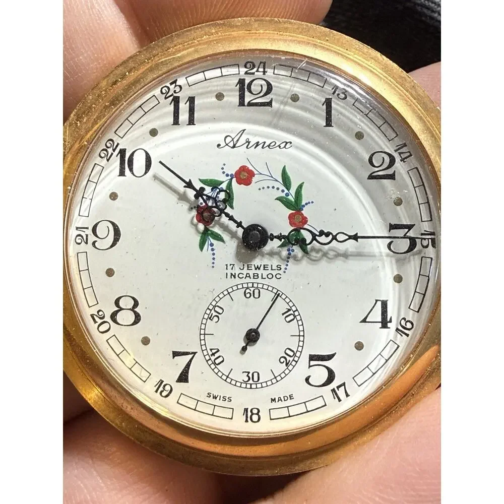 ARNEX 17 JEWELS Pocket Watch 12k GF Chain Swiss Engraved Vintage Manual WORKS